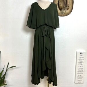 CICIDUDU Army Green Chiffon Cape Sleeve Maxi 3XL Dress belted Ruffle High Low